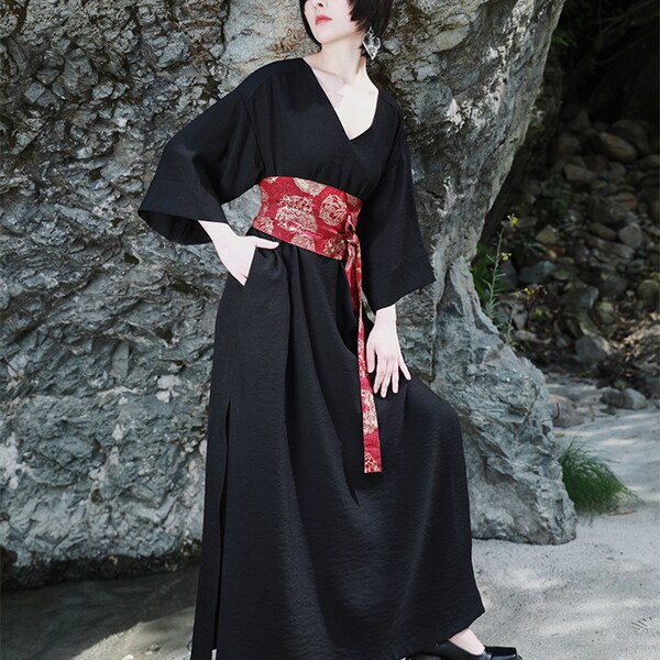 Kimono Obi belt Short Dress-EDYA Black