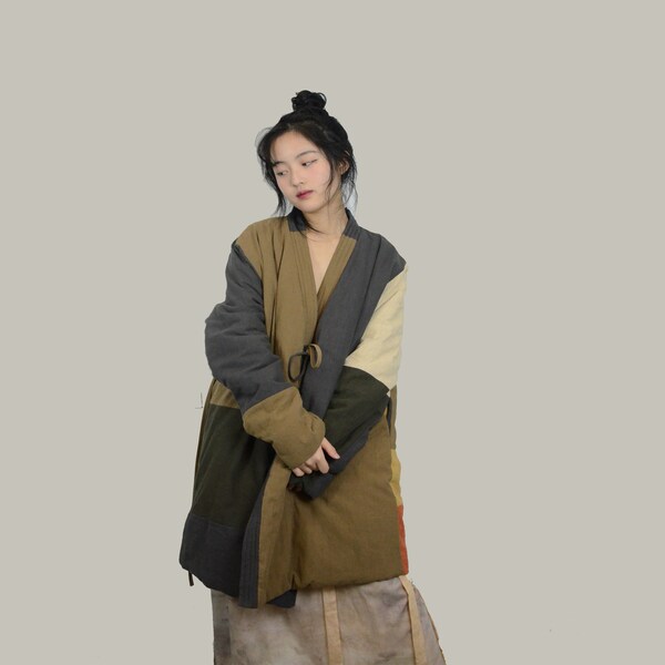 Oversized padded hanfu coat women's padded top patchwork padded top linen cotton blended jacket hanfu coat quilted patchwork jacket