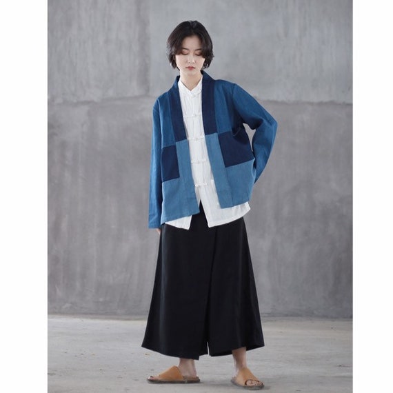 Denim Patchwork Summer Neza Studio Chinese Hanfu Jacket Japanese Coat Jeans Blue Hue Bottomless Top