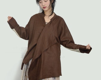 Brown linen top color block loose fit women's linen blouse with wide ruffles linen top linen shirt linen blouse loose fit top