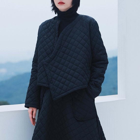 Quilted Kimono Jacket Black Padded Winter Chinese Short Coat Neza