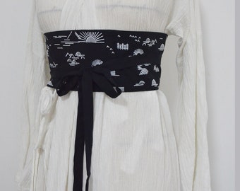 Neza Studio Black Embroidery Cotton Belt Wide Waist Belt Decorative OBI Belt Women's Shirt Belt Accessories Black Sashes