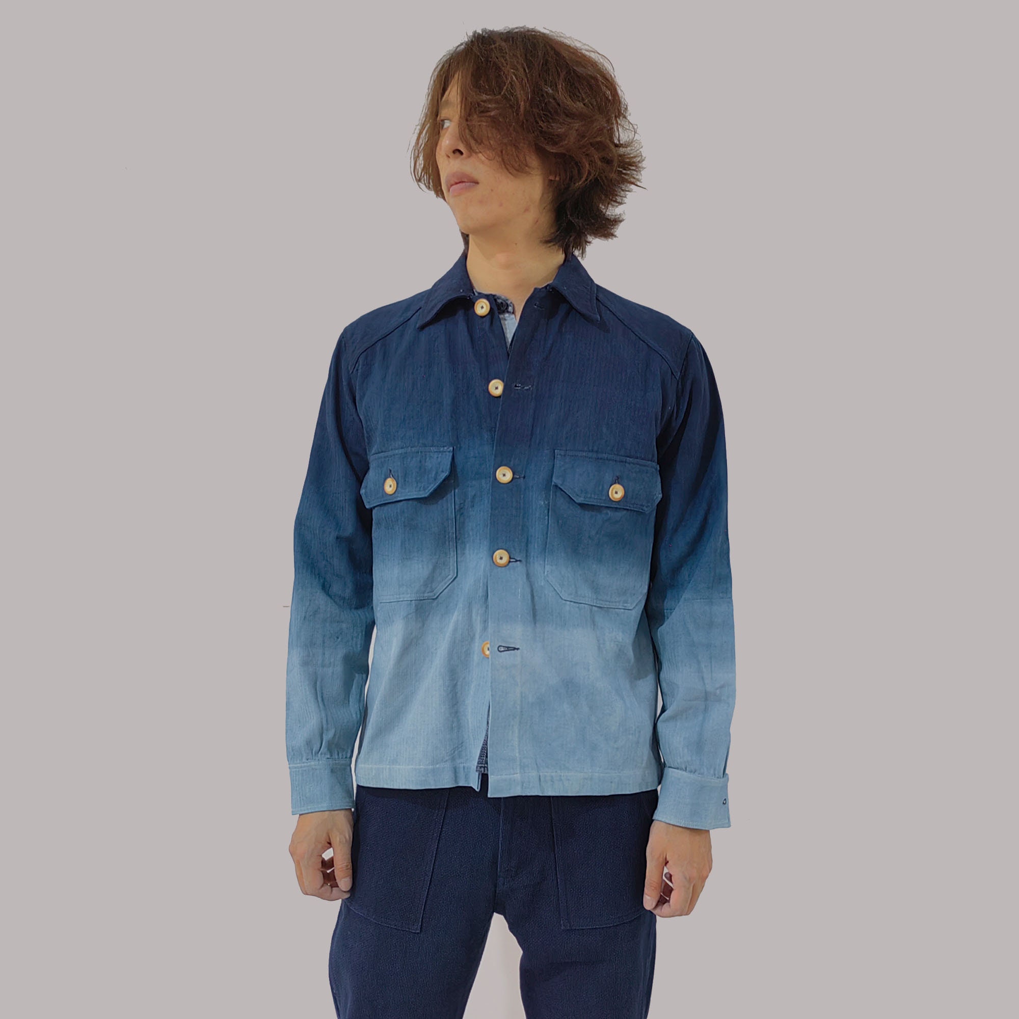 Indigo Blue Gradient Dye denim jacket chest pocket denim jacket hand dye denim jacket fitted denim jacket plant dye denim jacketthumbnail