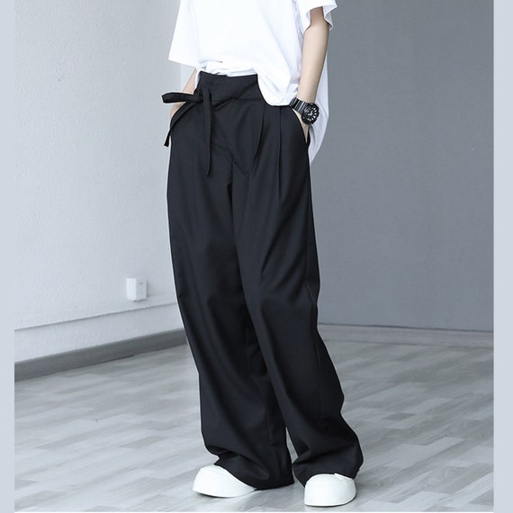 Black Suit Pants Loose Fit Trousers Wide Leg Soft Acetate Pants Neza Studio Long  Trousers Unisex Pants Minimalist Style Tie Details 