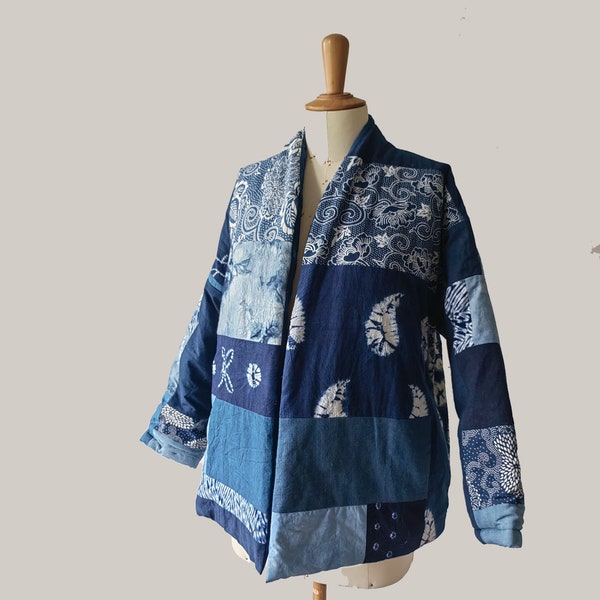 Patchwork Padded coat plant dye fabric patchwork jacket indigo blue patchwork jacket retro block print motif fabric patchwork winter coat