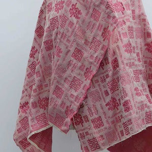 Pink Denim Jacquard thick jacquard double happiness Chinese words motif XI denim Fabric Jean pink denim fabric one meter unit