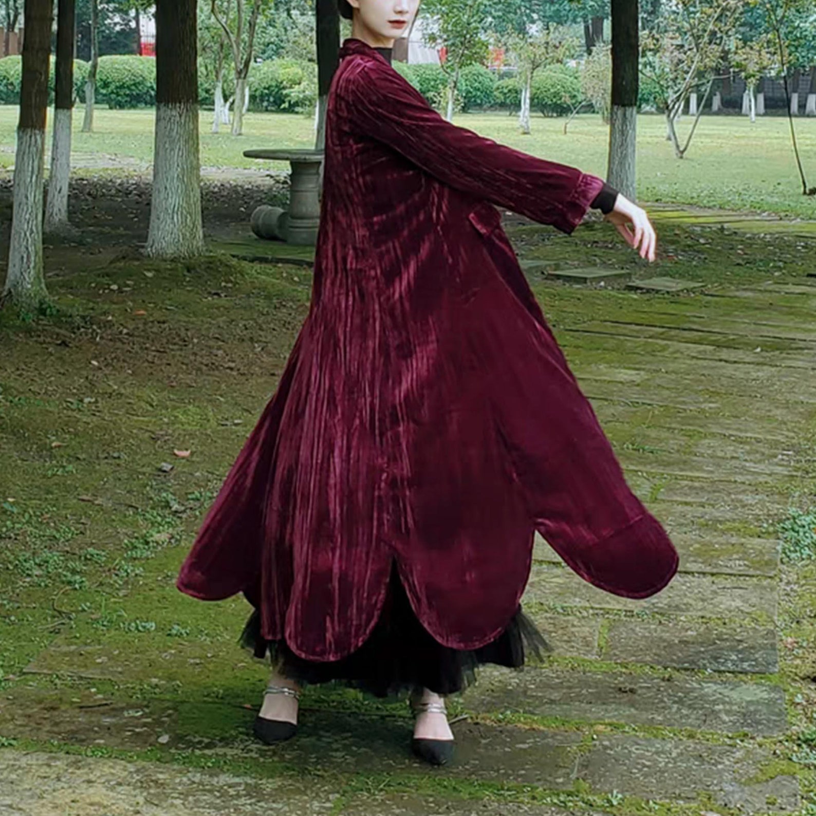 Retro Velvet Jacket Long Jacket Deep Red Velvet Robe Petal Hem Etsy