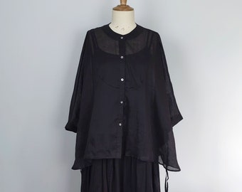 Graues Hanfu-Hemd, Leinen-Hanfu-Bluse, chinesisches Hanfu-Top, übergroßes Leinen-Top, Ramie-Shirt, Neza Studio, maßgeschneidertes Leinen-Shirt