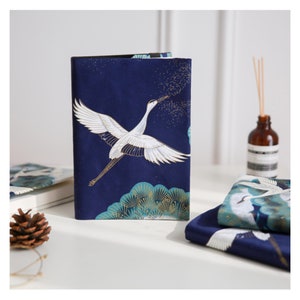 Neza Studio Japanese Crane Prints Fabric A5 A6 Diary Cover, Paperback, Book Protector, Bathroom Reader, Cotton padded Cover, Journal Cover 01