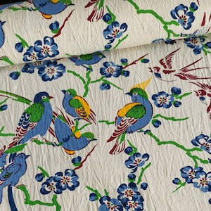 Vintage Chinese Block Print Hand Woven Fabric Block Print  Magpie Birds Cotton Handmade Fabric ONE Meter Unit