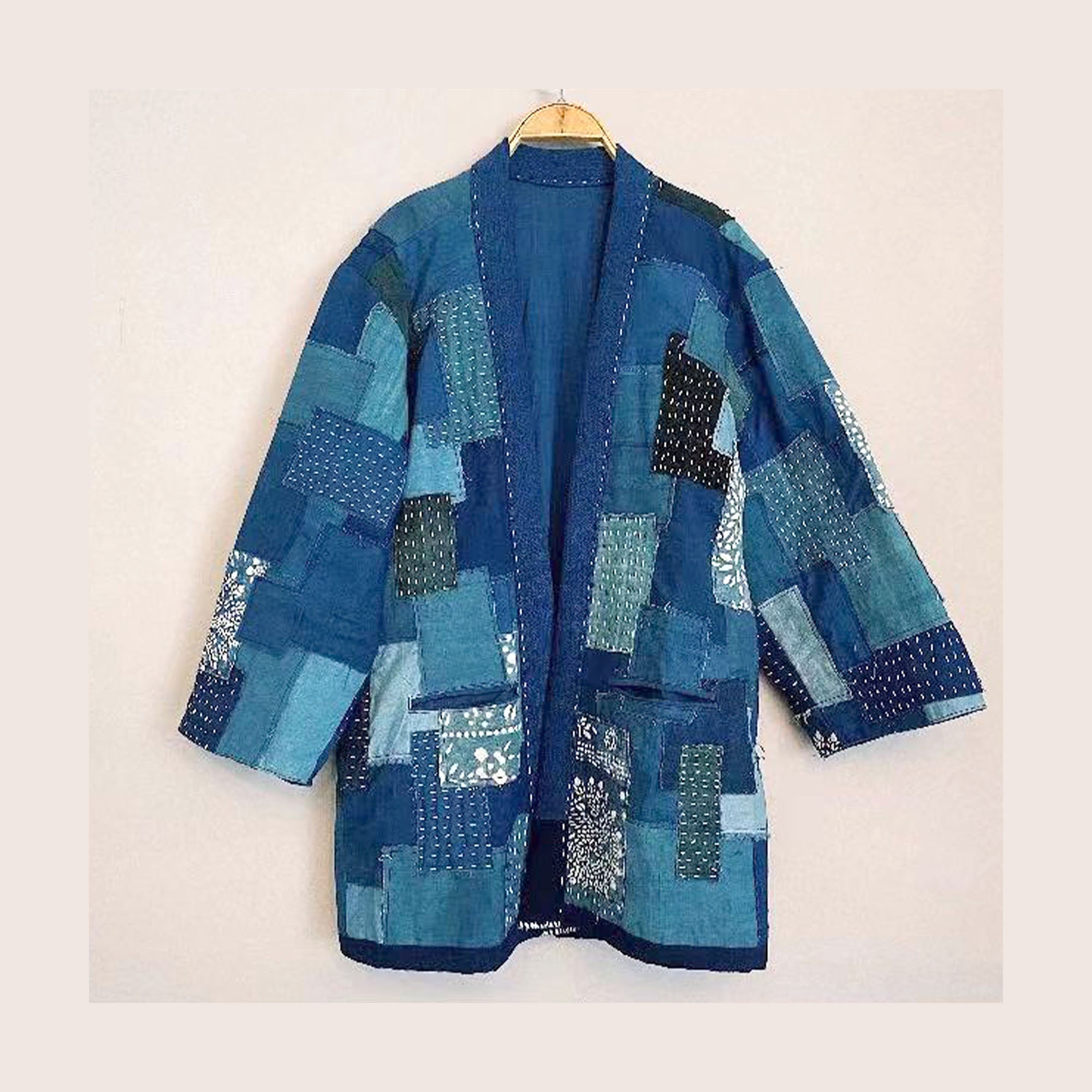 Indigo Blue Patchwork Kimono Hand Embroidery Sahiko Made to - Etsy