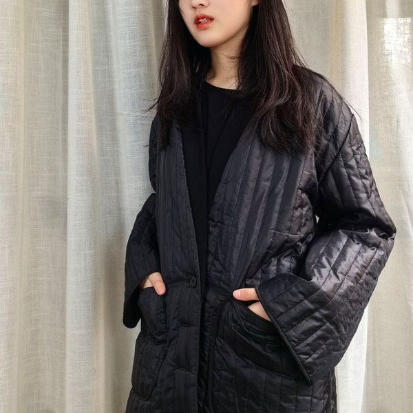 Unisex Padded overcoat Quilted Coat Black padded jacket quilted jacket Chinese style padded coat black kimono coat winter quilted coat