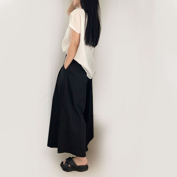 Black Culottes Wide Skrit Pants Black Cotton Elastic Waistband Tie Up Detail at Front Neza Studio Minimalist Pants