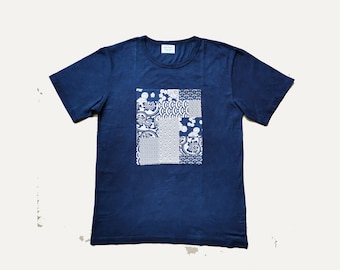 Indigo Blue Hand Dye T shirt with Block print Retro Japanese motifs Plant dye T shirt Soft Cotton Patchwork Tee Unisex Indigo blue T shirt