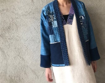 Boro Indigo Blue Kimono Unisex Noragi Hand made Sashiko Embroidery Patchwork Kimono Plant Dye fabric boro style Kimono sashiko stitching