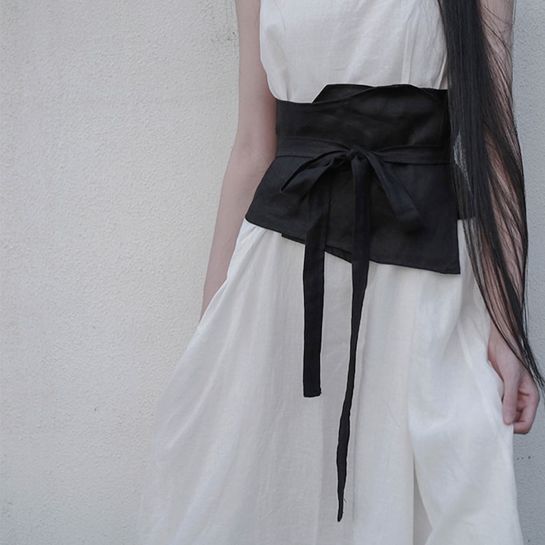 Neza Studio Black Linen Belt Wide Waist Belt Decorative OBI Belt Women's Shirt Belt Accessories Black Sashes St
