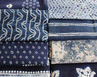 Neza Studio Hand Dyed Shibori Fabric Indigo Tie Dye Cotton Fabric Fat Quarters 7pcs Collection bundle hand dye fabric