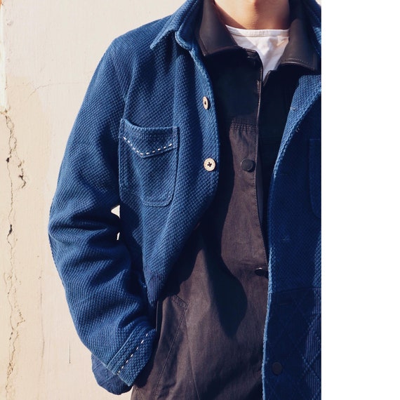 Neza Studio Sashiko Indigo Blue Workwear Jacket Retro Work - Etsy