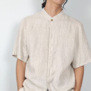 Minimalist Linen Short Sleeves Shirt with Band collar and a hidden button tab washed Linen  multi colors Short Sleeves Top Tunk Top for men