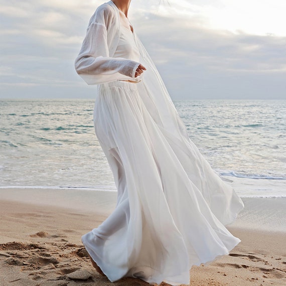 Flowy Long Cadigan Sheer Robe 3pcs White Dress Double Layer Shirt