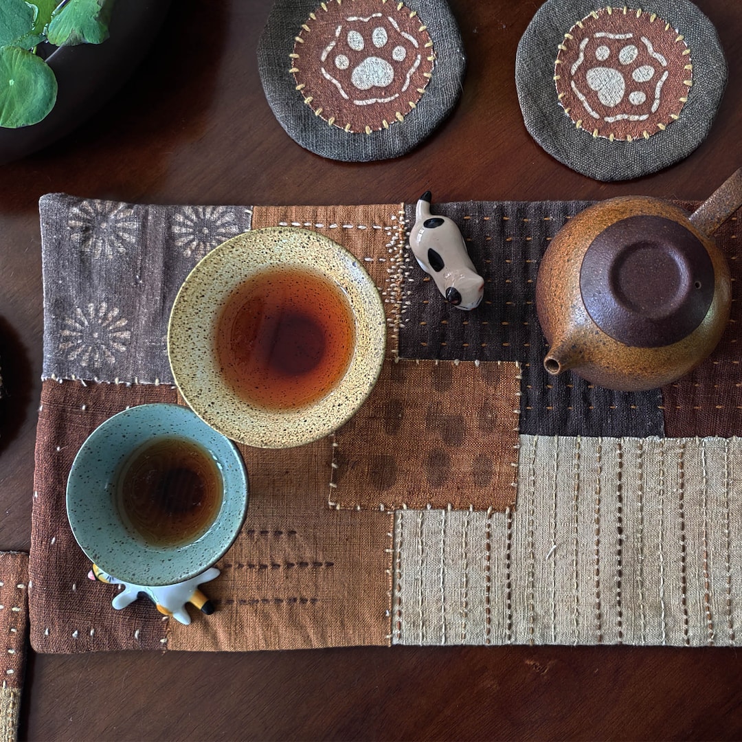 Persimmon Dyeing Tea Ceremony Mat Sashiko Embroidery Tea Mat Hand