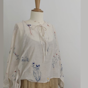 Katie Short Sleeve Washed Tencel Embroidery Buttoned Blouse
