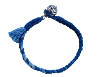 Neza Studio Personalized Initial Indigo Hand dye Blue braided pattern unisex kumihimo bracelet with silver beads 3 sizes one round