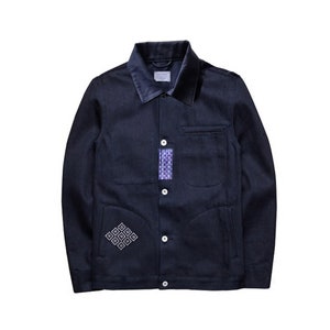 Heavy Duty Denim Retro Jacket Sashiko Embrodery Details Fitted Denim Jacket Work Jean Coat Dark Navy Patchwork Denim Top