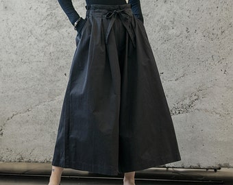 Black Culottes Wide Skrit Pants Black Cotton Elastic Waistband Tie Up Detail at Front Neza Studio Minimalist Pants