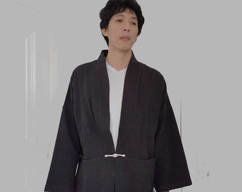 Simple Kimono style men's top with Chinese toggles cotton linen kimono men's simple jacket custom made