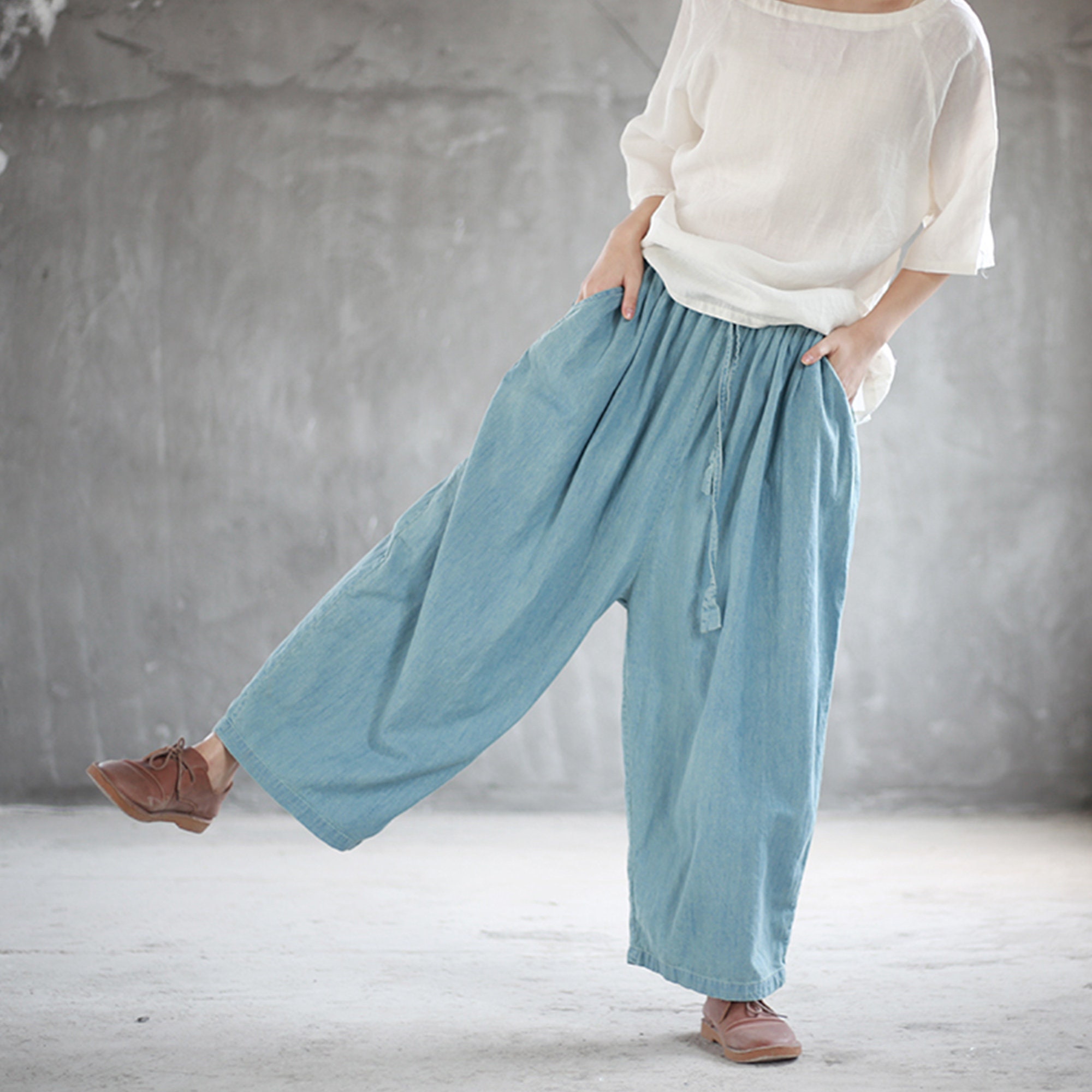 Denim Culottes Wide Leg Pant Linen Denim Light Blue Trousers | Etsy