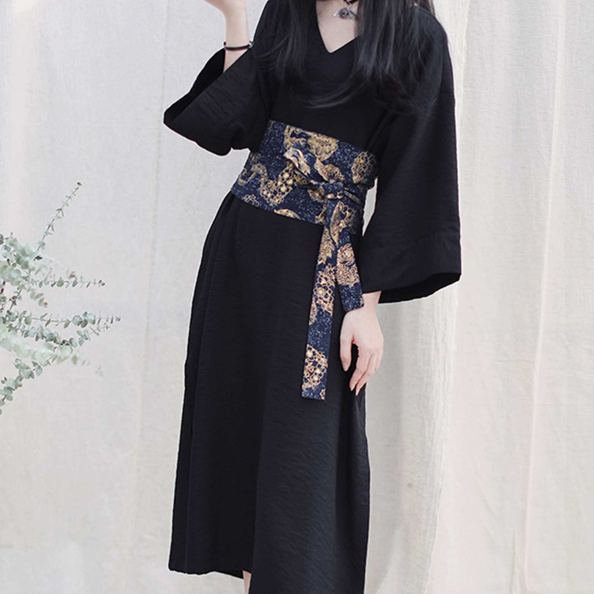 Black Kimono Dress With Belt Half Sleeves Kimono Dress With | Etsy