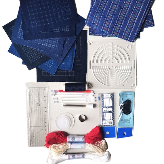 Sashiko Complete Starter KIT Indigo Coaster With Pre-printed Design,  Thimble, Needles, Fabric, Thread Included 