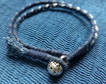 Personalized Initial Indigo Hand dye Blue braided pattern unisex kumihimo bracelet with silver beads Custom size unisex kids/adults