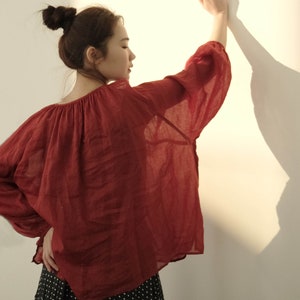 Oversized Ramie Blouse light weight ramie top gathered blouse big volume shirt Red color top linen top linen blouse ramie shirt