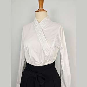 Cotton Shirt with a Slopping Lapel Collar and OBI Wide Wrap Belt Modified Kimono Top Kimono Shirt Japanese Kimono Shirt
