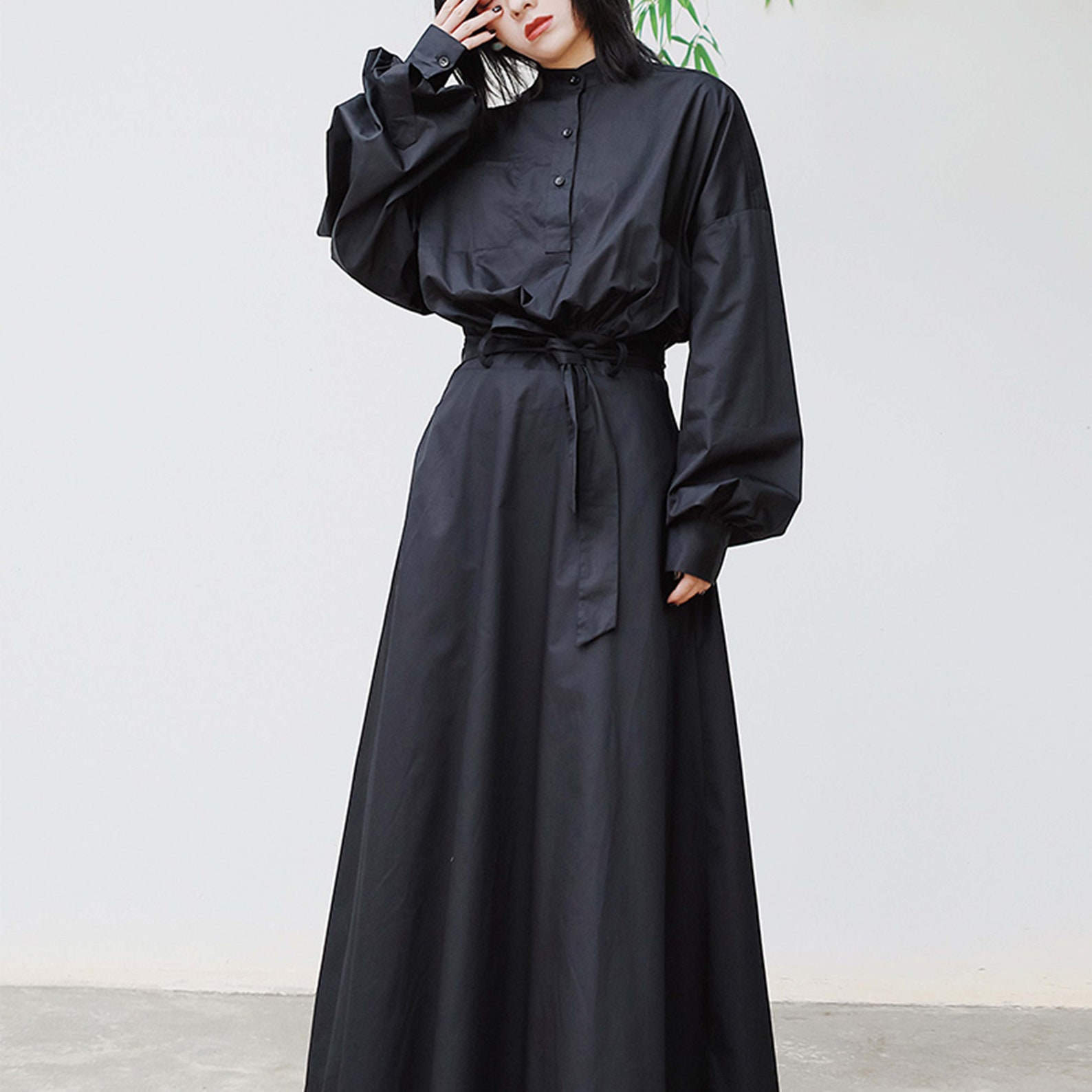Black Shirt Dress Maxi Dress With Belt Long Sleeves Button Etsy