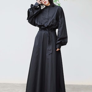 Black Shirt Dress Maxi Dress With Belt Long Sleeves Button Down Back ...