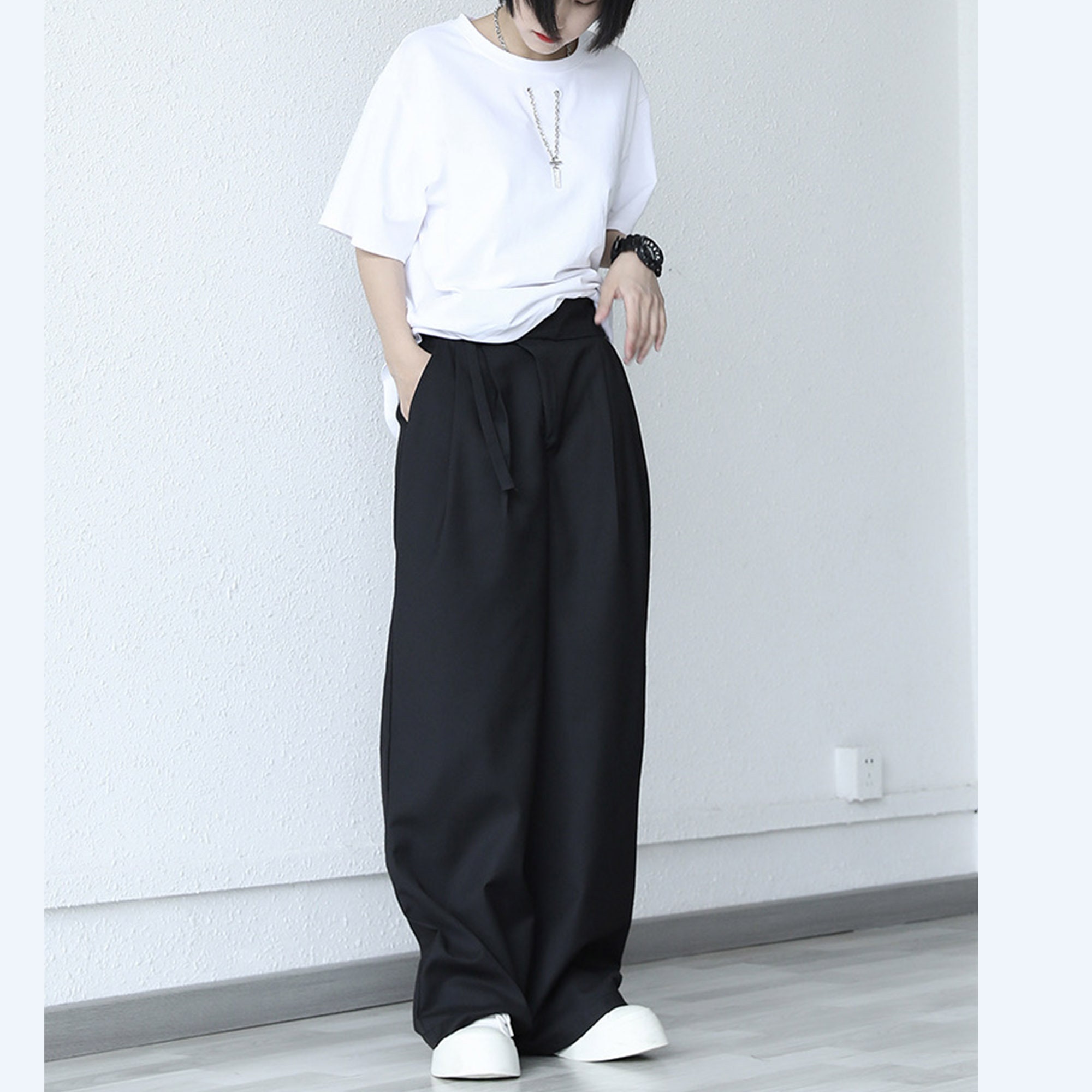 High waist drape tie pipe black suit wide leg pants women's spring 2023 new  loose straight casual trousers, Women's Fashion, Muslimah Fashion, Bottoms  on Carousell