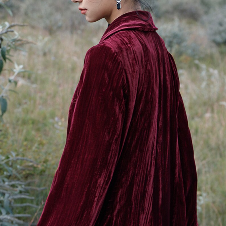 Retro Velvet Jacket Long Jacket Deep Red Velvet Robe Petal Hem Etsy