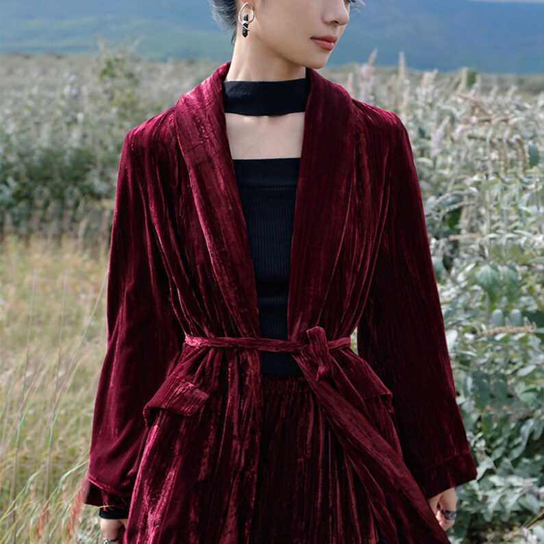 Retro Velvet Jacket Long Jacket Deep Red Velvet Robe Petal Hem Etsy
