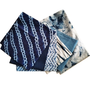 Neza Studio Indigo Tie Dye Shibori Fabric Bundle Blue Hand Dyed Quilting Boro Cotton Plant Dye Fabric Crafting Fabric 6 PCS 10" x 10"