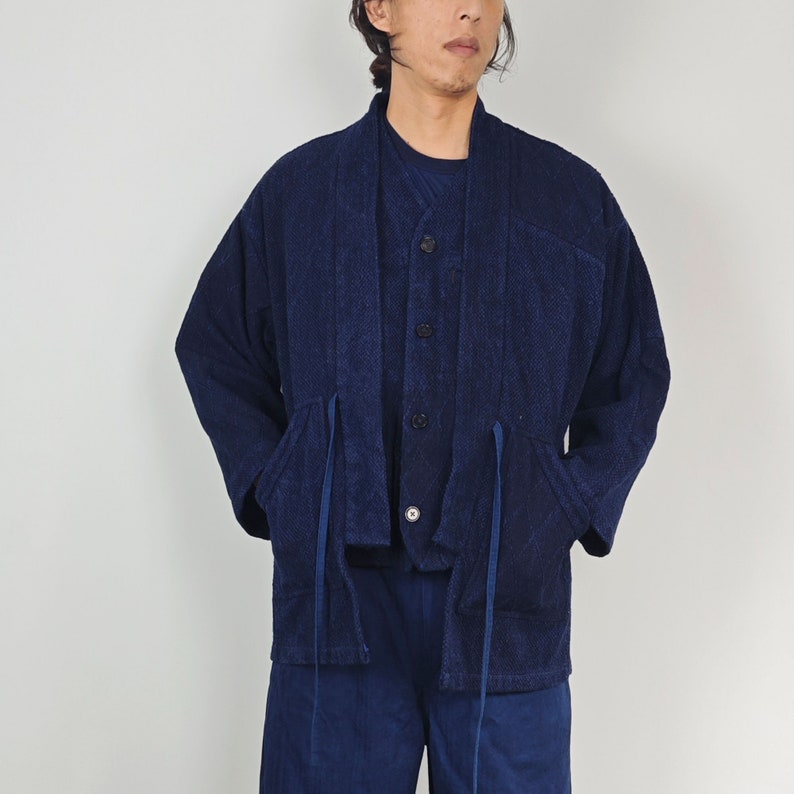 Neza Studio Noragi Jacket Japanese Jacket Kendogi Top Indigo Blue Jacket Sashiko Fabric CUSTOM MADE Kimono Jacket Japanese Clothing image 4