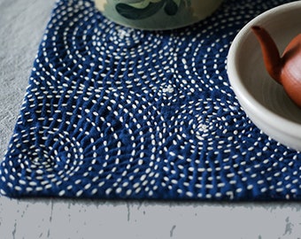 Sashiko Embroidery tea ceremony Mat Hand Stitching Table Mat Indigo Blue Plant Dye Table Coaster Tea Pot Mat Japanese Stitching