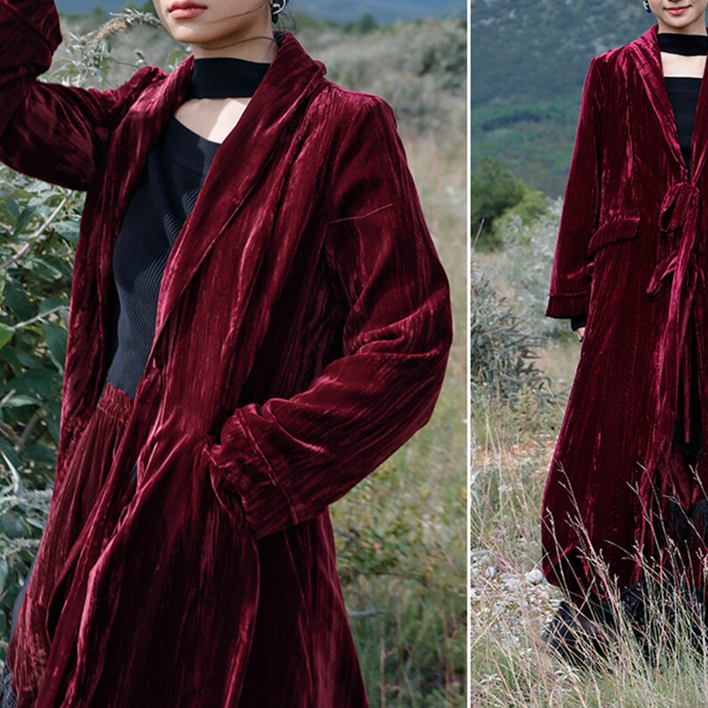 Retro Velvet Jacket Long Jacket Deep Red Velvet Robe Petal Hem Etsy