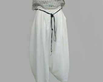 Round Shape Linen Cotton Pants White Linen Pants for women with black string decor Assymmetric Shape Trousers