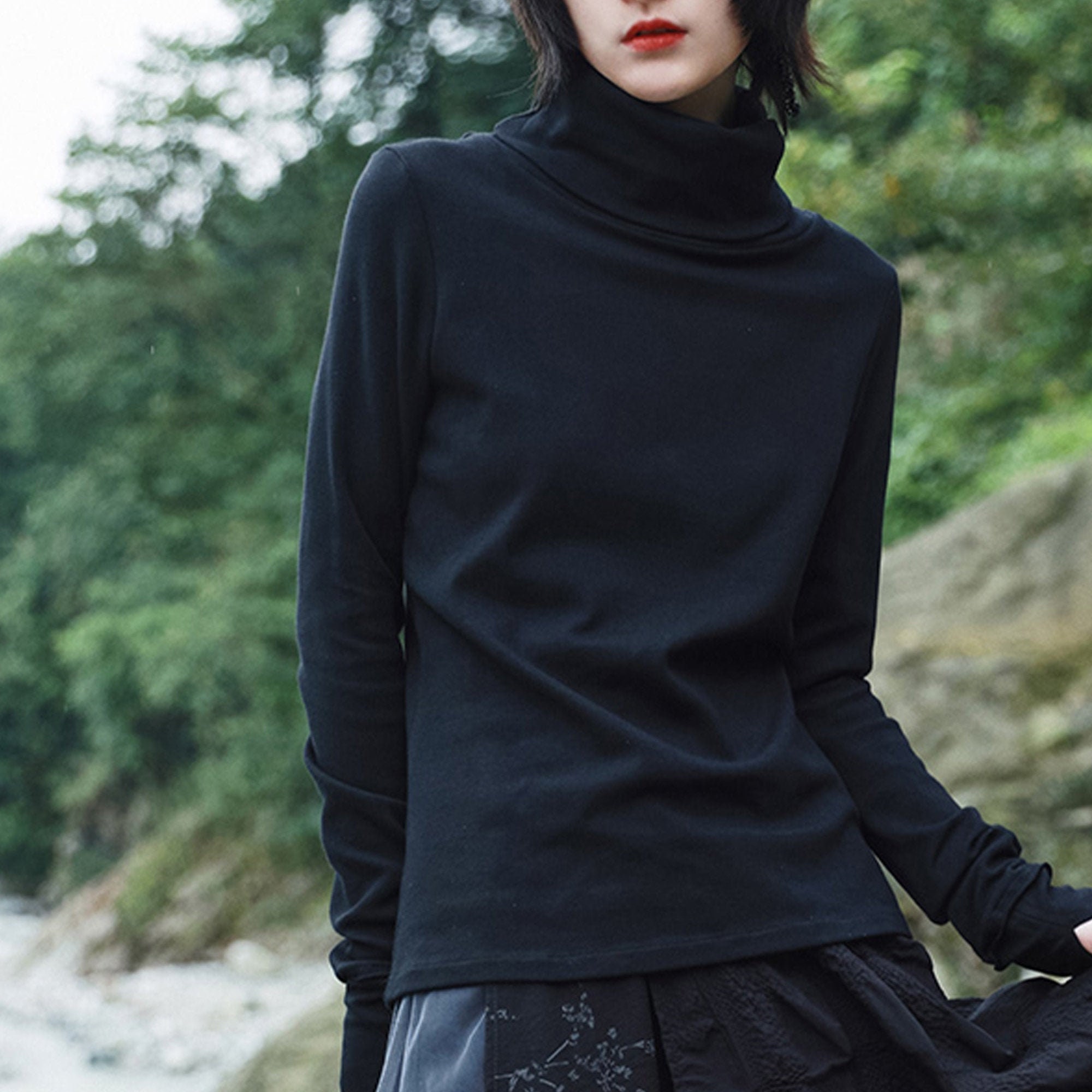 Black Simple Tank Top Cotton Turtle Neck Basic Tshirt Long Etsy