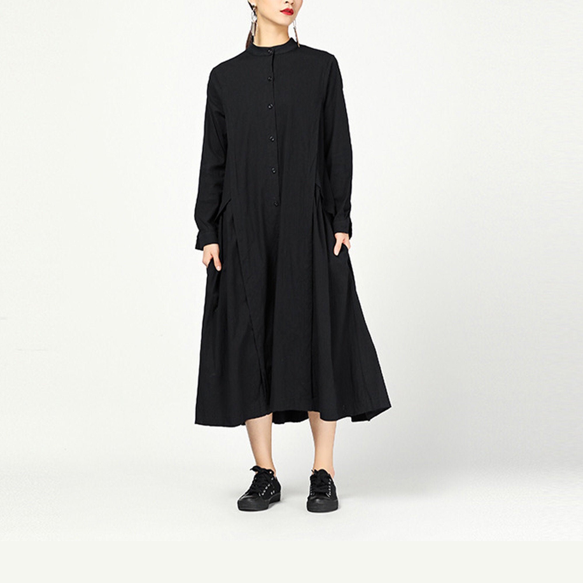 Long Sleeves Shirt Dress Cotton Dress Pleated Dress Cotton Etsy