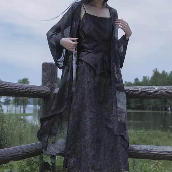 Black Long Cami Dress Linen Cotton Blend Jacquard Texture Fabric Slip Dress  Simple Straight Collar Line Camisole Dress Black Dress -  Canada