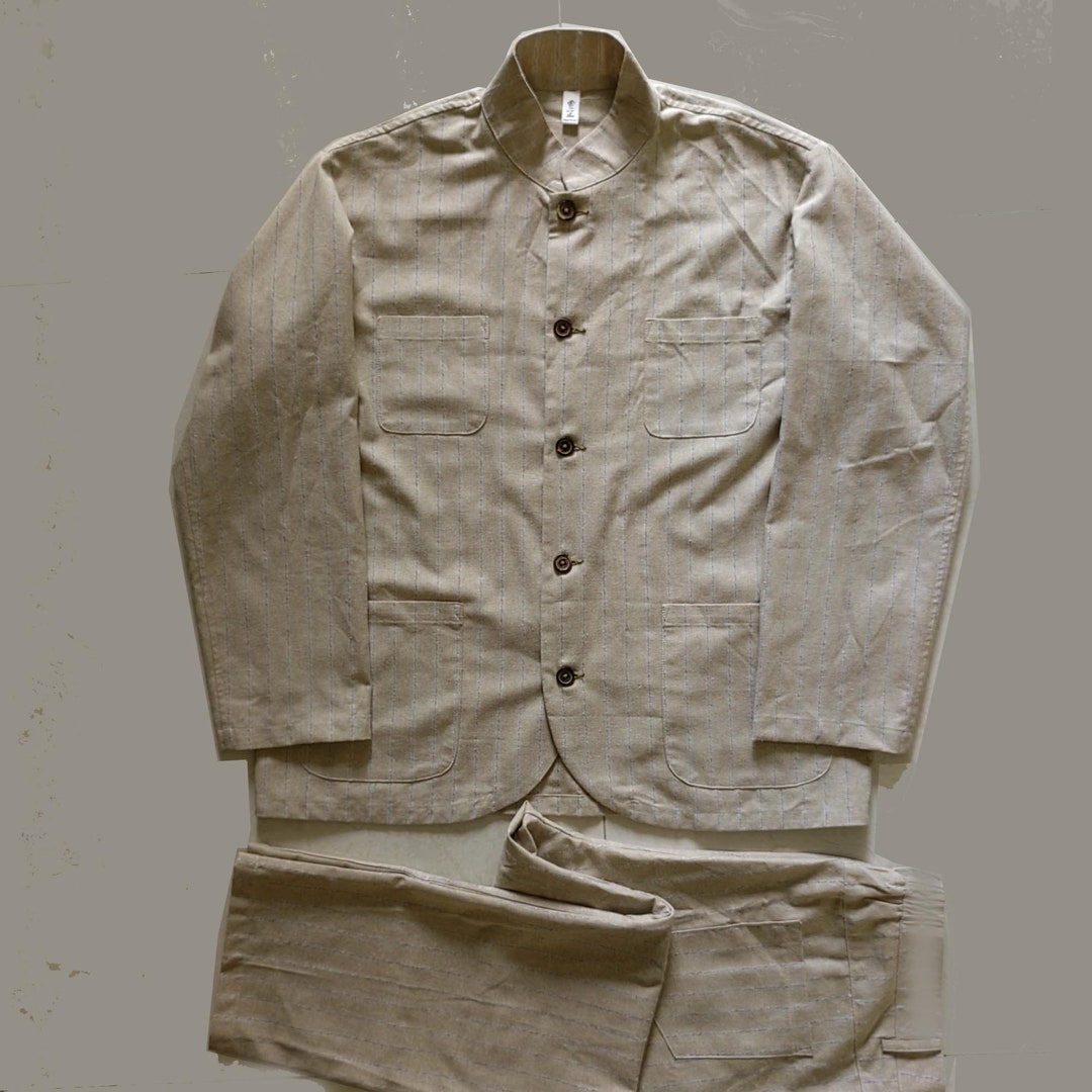 Linen Cotton Summer Suit Set Striped Men's Jacket With Pants Light